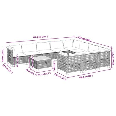 vidaXL 11-tlg. Garten-Sofagarnitur mit Kissen Schwarz Poly Rattan