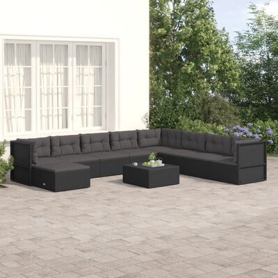 vidaXL 9-tlg. Garten-Lounge-Set mit Kissen Schwarz Poly Rattan