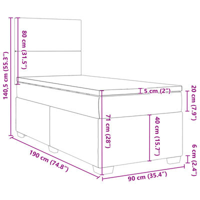 vidaXL Boxspringbett mit Matratze Dunkelgrau 90x190 cm Samt