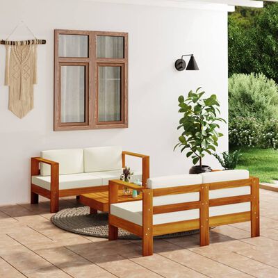 vidaXL 3-tlg. Garten-Lounge-Set mit Cremeweißen Kissen Massivholz