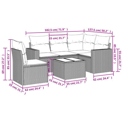 vidaXL 6-tlg. Garten-Sofagarnitur mit Kissen Hellgrau Poly Rattan