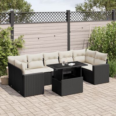 vidaXL 8-tlg. Garten-Sofagarnitur mit Kissen Schwarz Poly Rattan