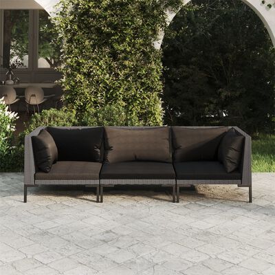 vidaXL 3-tlg. Garten-Lounge-Set mit Kissen Poly Rattan Dunkelgrau