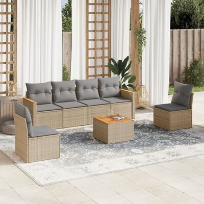 vidaXL 7-tlg. Garten-Sofagarnitur mit Kissen Beige Poly Rattan