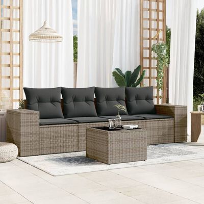 vidaXL 5-tlg. Garten-Sofagarnitur mit Kissen Grau Poly Rattan