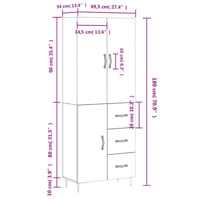 vidaXL Highboard Braun Eichen-Optik 69,5x34x180 cm Holzwerkstoff