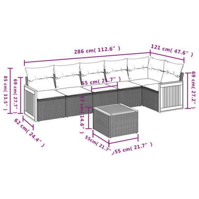 vidaXL 7-tlg. Garten-Sofagarnitur mit Kissen Schwarz Poly Rattan