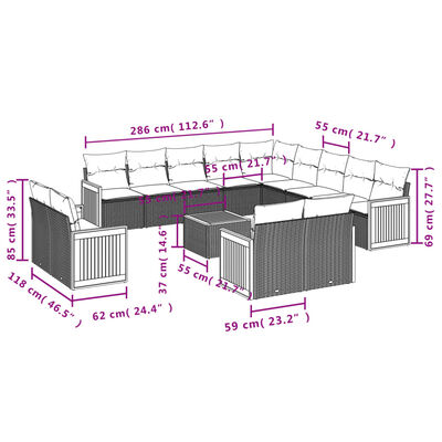 vidaXL 14-tlg. Garten-Sofagarnitur mit Kissen Grau Poly Rattan