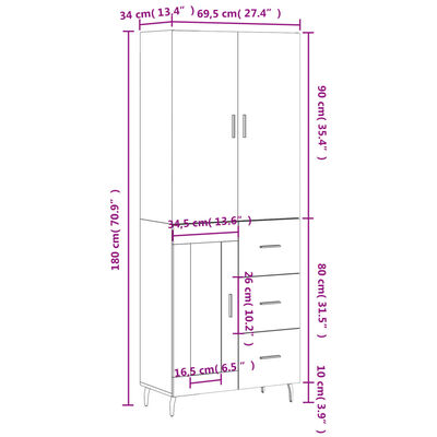 vidaXL Highboard Braun Eichen-Optik 69,5x34x180 cm Holzwerkstoff