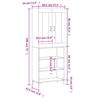 vidaXL Highboard Hochglanz-Weiß 69,5x34x180 cm Holzwerkstoff