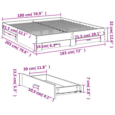 vidaXL Bettgestell mit Schubladen Räuchereiche 180x200cm Holzwerkstoff