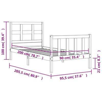 vidaXL Massivholzbett mit Kopfteil 90x200 cm