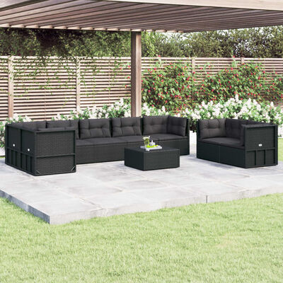 vidaXL 8-tlg. Garten-Lounge-Set mit Kissen Schwarz Poly Rattan