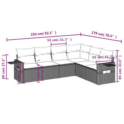 vidaXL 6-tlg. Garten-Sofagarnitur mit Kissen Schwarz Poly Rattan