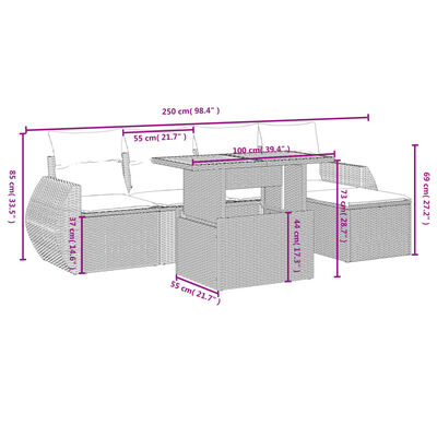 vidaXL 6-tlg. Garten-Sofagarnitur mit Kissen Schwarz Poly Rattan