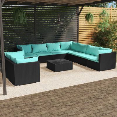 vidaXL 10-tlg. Garten-Lounge-Set mit Kissen Schwarz Poly Rattan