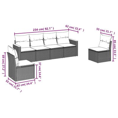 vidaXL 6-tlg. Garten-Sofagarnitur mit Kissen Grau Poly Rattan