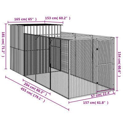 vidaXL Hundehütte mit Auslauf Hellgrau 165x455x181 cm Verzinkter Stahl