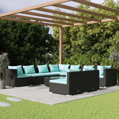 vidaXL 10-tlg. Garten-Lounge-Set mit Kissen Schwarz Poly Rattan