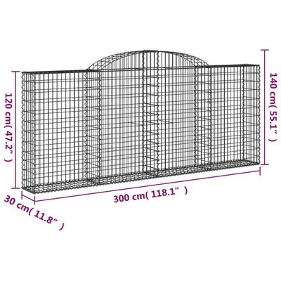 vidaXL Gabionen mit Hochbogen 11 Stk 300x30x120/140cm Verzinktes Eisen