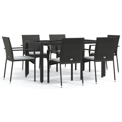 vidaXL 7-tlg. Garten-Essgruppe mit Kissen Schwarz Poly Rattan