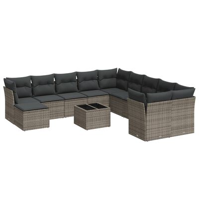 vidaXL 12-tlg. Garten-Sofagarnitur mit Kissen Grau Poly Rattan