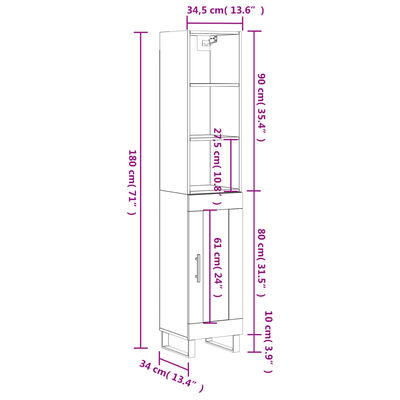 vidaXL Highboard Betongrau 34,5x34x180 cm Holzwerkstoff