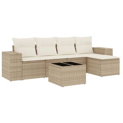 vidaXL 6-tlg. Garten-Sofagarnitur mit Kissen Beige Poly Rattan