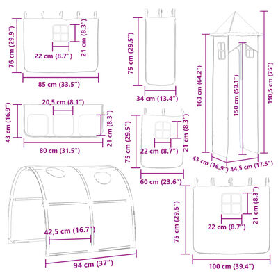 vidaXL Etagenbett mit Rutsche und Gardinen Weiß und Schwarz 80x200 cm