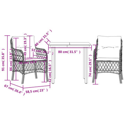 vidaXL 3-tlg. Bistro-Set mit Kissen Schwarz Poly Rattan