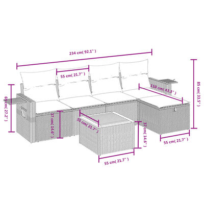 vidaXL 6-tlg. Garten-Sofagarnitur mit Kissen Schwarz Poly Rattan