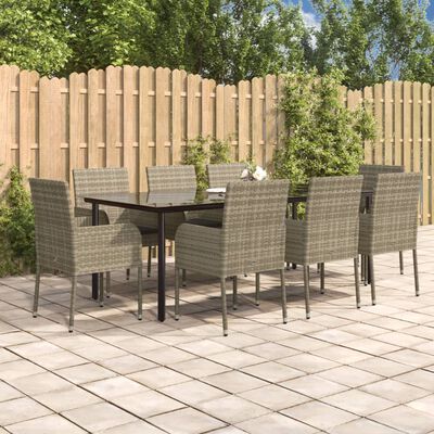 vidaXL 9-tlg. Garten-Essgruppe mit Kissen Schwarz und Grau Poly Rattan