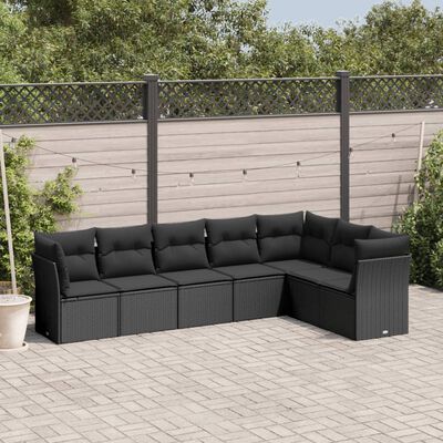 vidaXL 7-tlg. Garten-Sofagarnitur mit Kissen Schwarz Poly Rattan