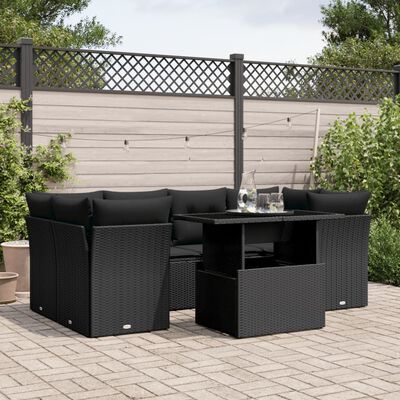 vidaXL 7-tlg. Garten-Sofagarnitur mit Kissen Schwarz Poly Rattan