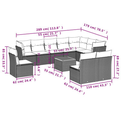 vidaXL 11-tlg. Garten-Sofagarnitur mit Kissen Schwarz Poly Rattan