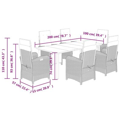 vidaXL 7-tlg. Garten-Essgruppe mit Kissen Grau Poly Rattan