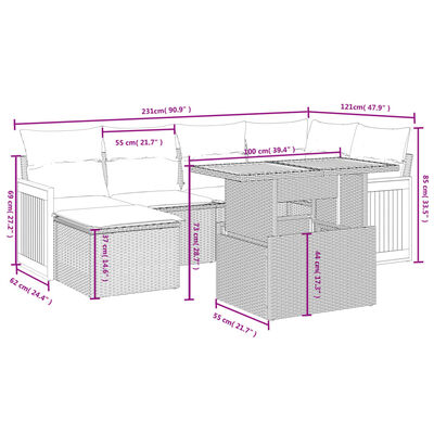 vidaXL 7-tlg. Garten-Sofagarnitur mit Kissen Schwarz Poly Rattan