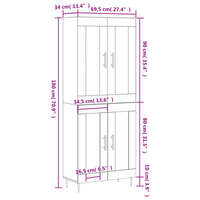 vidaXL Highboard Grau Sonoma 69,5x34x180 cm Holzwerkstoff