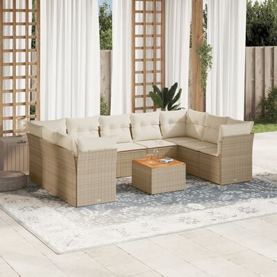 vidaXL 10-tlg. Garten-Sofagarnitur mit Kissen Beige Poly Rattan