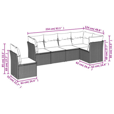 vidaXL 6-tlg. Garten-Sofagarnitur mit Kissen Grau Poly Rattan