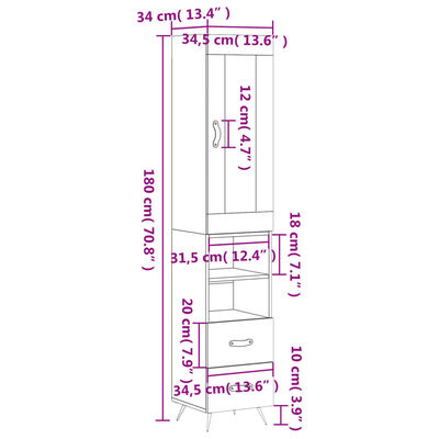 vidaXL Highboard Räuchereiche 34,5x34x180 cm Holzwerkstoff