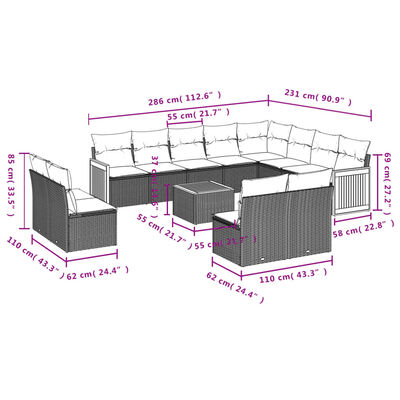 vidaXL 13-tlg. Garten-Sofagarnitur mit Kissen Schwarz Poly Rattan