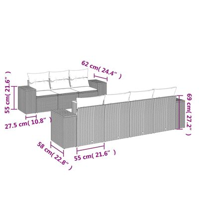 vidaXL 8-tlg. Garten-Sofagarnitur mit Kissen Schwarz Poly Rattan