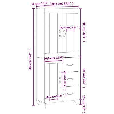 vidaXL Highboard Braun Eichen-Optik 69,5x34x180 cm Holzwerkstoff