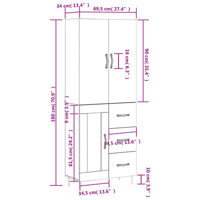 vidaXL Highboard Hochglanz-Weiß 69,5x34x180 cm Holzwerkstoff