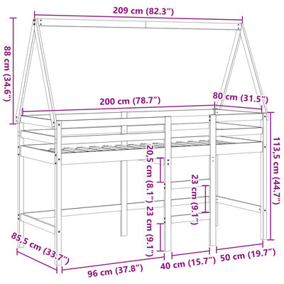 vidaXL Hochbett mit Leiter und Dach Weiß 80x200 cm Massivholz Kiefer