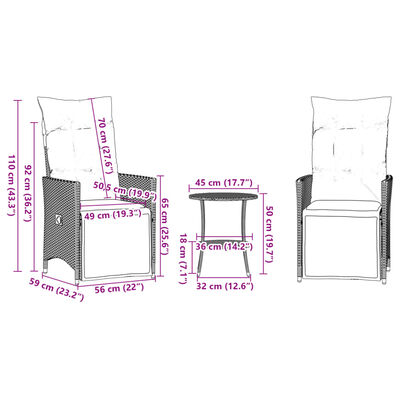 vidaXL 3-tlg. Bistro-Set mit Kissen Schwarz Poly Rattan