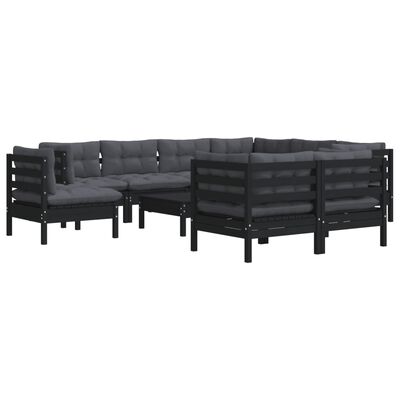 vidaXL 10-tlg. Garten-Lounge-Set mit Kissen Schwarz Massivholz Kiefer