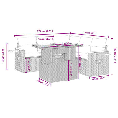 vidaXL 6-tlg. Garten-Sofagarnitur mit Kissen Schwarz Poly Rattan