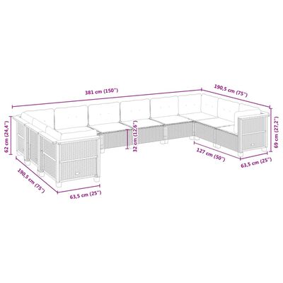 vidaXL 10-tlg. Garten-Sofagarnitur mit Kissen Grau Poly Rattan